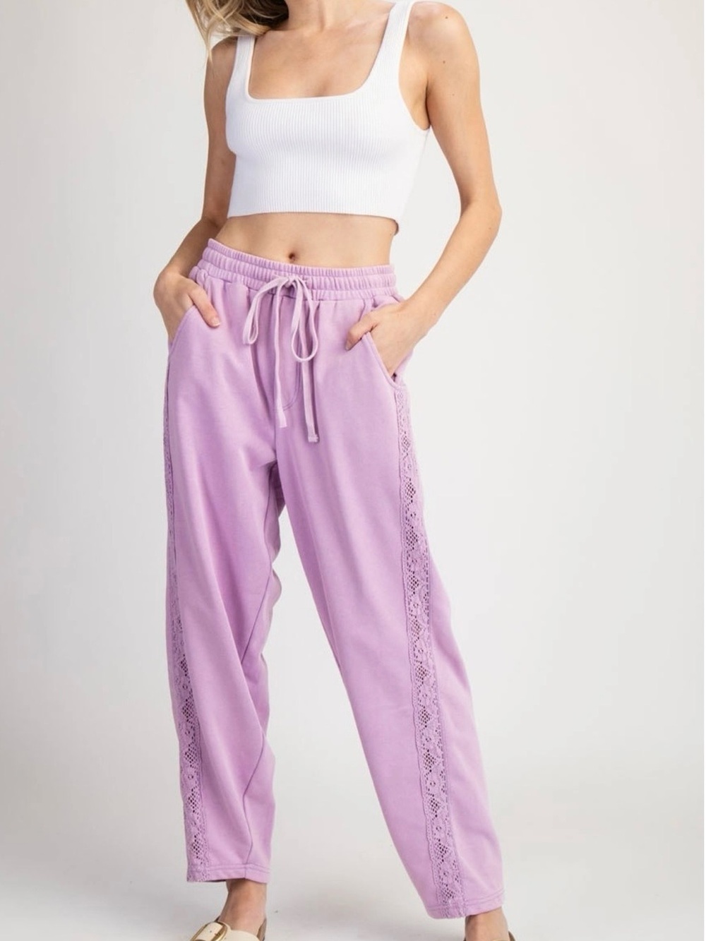 MINERAL WASHED LACE TRIM PANTS